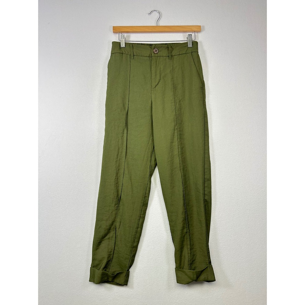 Lightweight Minimalist Earthy Womens 6 Olive Green High Rise Seam Front Trousers